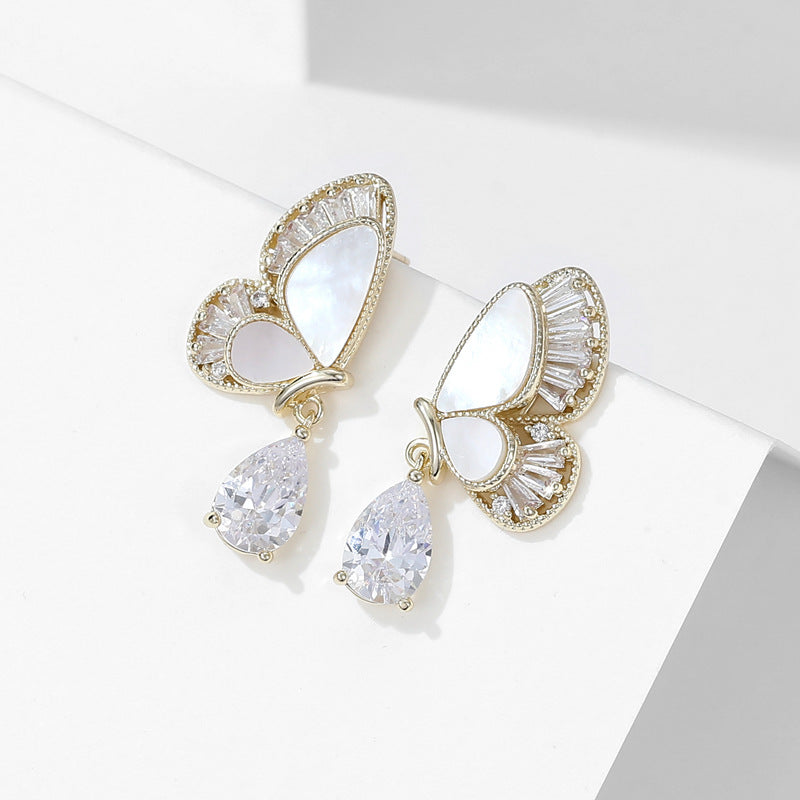 Natural mother-of-pearl zircon teardrop butterfly stud earrings