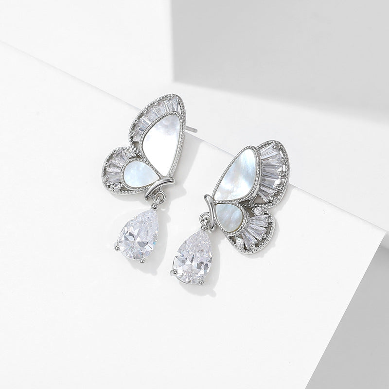 Natural mother-of-pearl zircon teardrop butterfly stud earrings