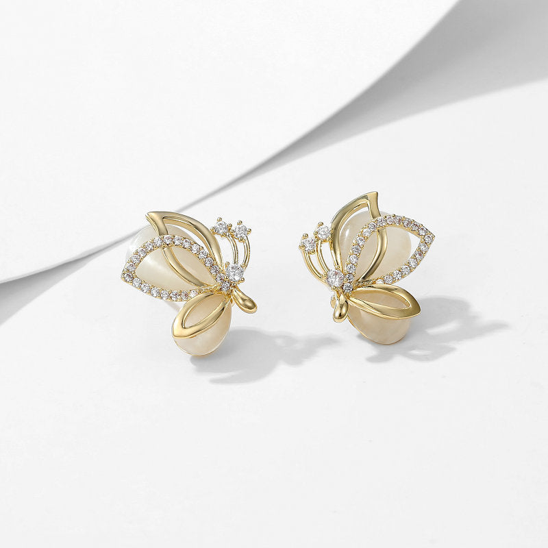 Cat's eye stone butterfly stud earrings