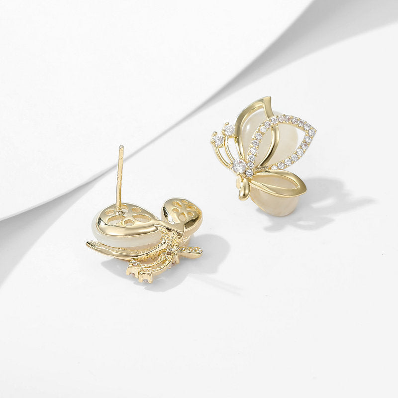 Cat's eye stone butterfly stud earrings