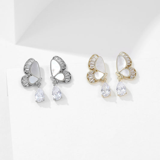 Natural mother-of-pearl zircon teardrop butterfly stud earrings