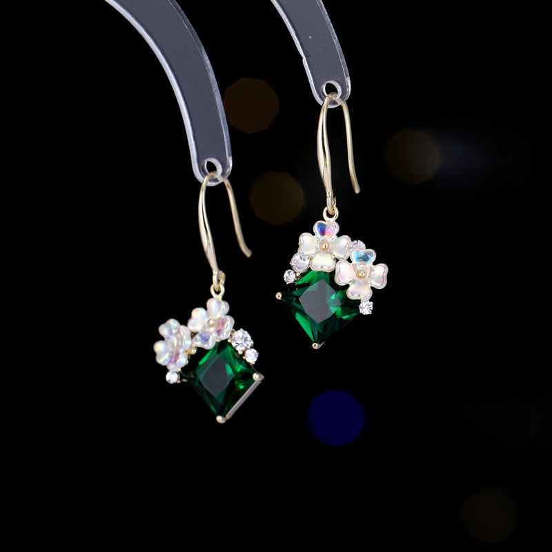 Floral & Rhombus Zircon Hook Earrings