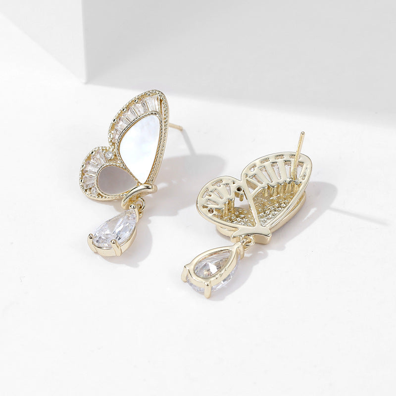 Natural mother-of-pearl zircon teardrop butterfly stud earrings
