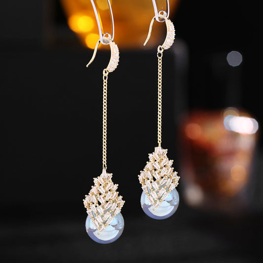 Tassel iridescent zircon mermaid pearl earrings