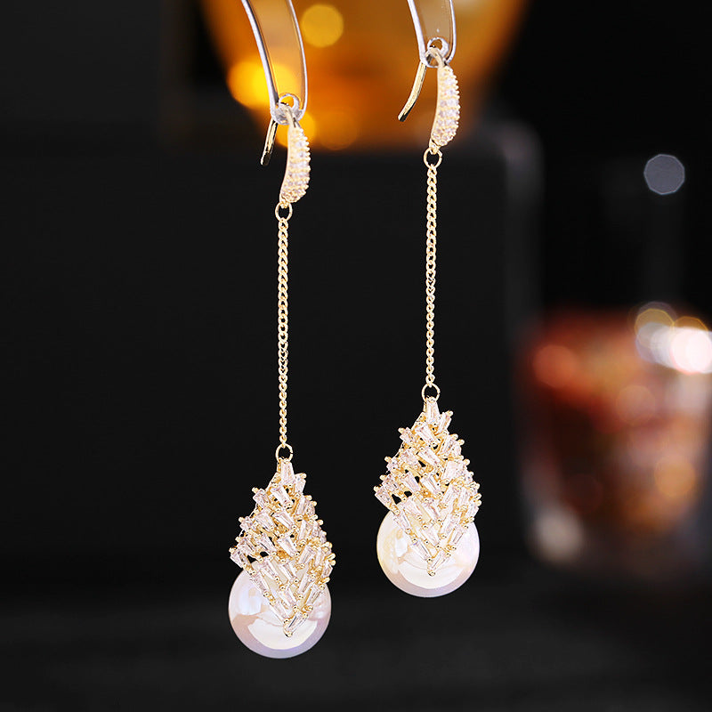 Tassel iridescent zircon mermaid pearl earrings