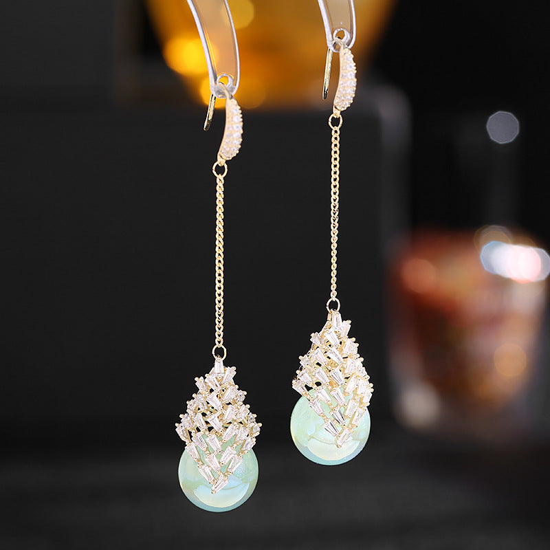 Tassel iridescent zircon mermaid pearl earrings
