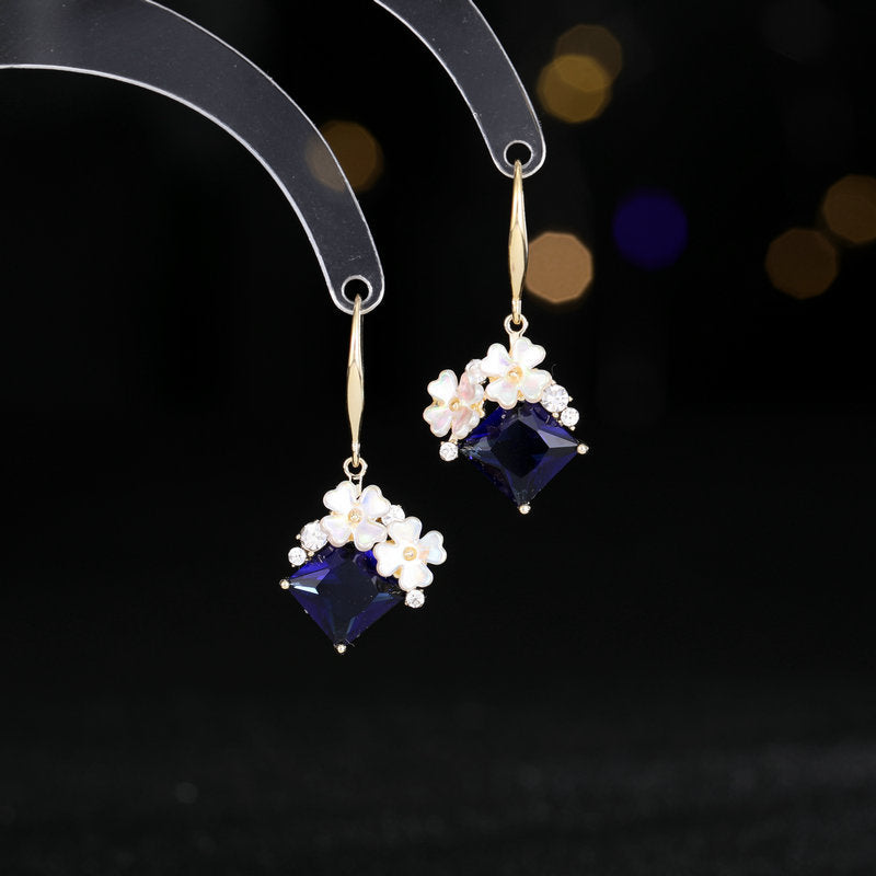 Floral & Rhombus Zircon Hook Earrings