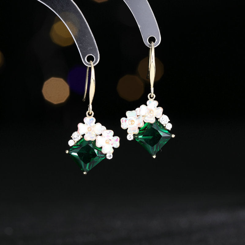 Floral & Rhombus Zircon Hook Earrings