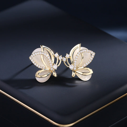 Cat's eye stone butterfly stud earrings